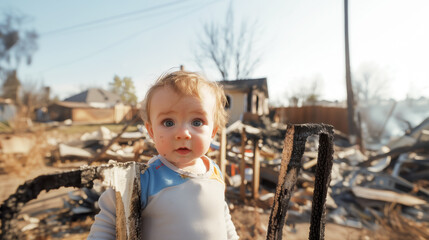 Toddler with messy hair and dirty face near burnt debris. Destroyed houses, charred objects, smoke and ruins visible behind.