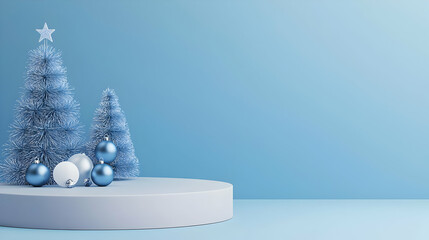 Blue Christmas Trees with Ornaments on a Round Podium Against a Blue Backdrop in a Studio Setting