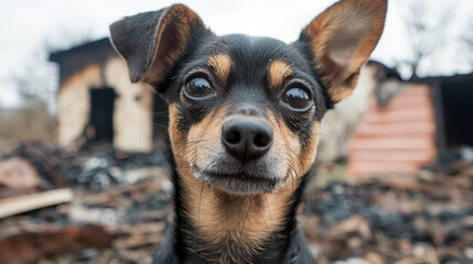 Small dog with dirty fur standing among burnt debris. Destroyed house, charred wood, and collapsed walls visible in the background.