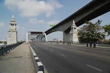 Bangkok Bridge and Rama III bridge on top is a bridge across the Chao Phraya River and is the only swing bridge in Southeast Asia that can still be opened and closed.Located at Bangkok city, Thailand.