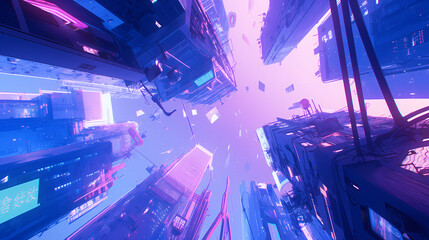 Futuristic cityscape viewed from below, vibrant neon lights illuminating towering skyscrapers at dusk