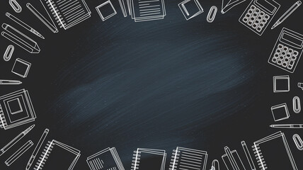 Dark chalkboard background framed by stationery items like notebooks, pens, pencils, and calculators, creating a back-to-school or office concept, ideal for education or business themes