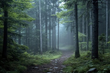 Misty forest trail leads through tall trees during early morning light