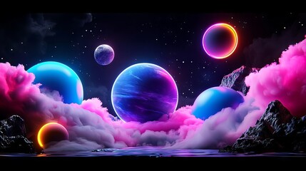 Fototapeta premium Colorful Cosmic Scene with Planets and Clouds in Stellar Background