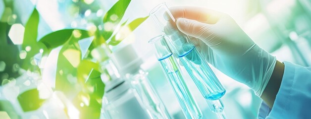 Laboratory Test Tubes and Green Plants