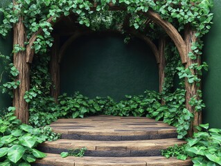 Wooden steps surrounded by lush green foliage, creating a natural archway. Perfect backdrop for product displays or nature-themed designs.