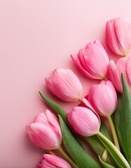 Obraz premium Beautiful composition spring flowers. Bouquet of pink tulips flowers on pastel pink background. flat lay top view with copy space 