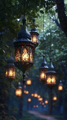 A serene path illuminated by ornate lanterns amidst lush greenery.