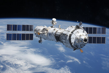 Artificial satellite in orbit around Earth, surrounded by the vastness of space. Perfect for themes of space technology, exploration, and futuristic innovation.