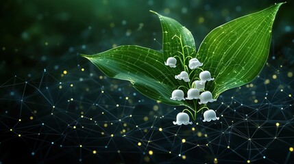 Lily of the valley blossoms delicately emerge, nestled amongst vibrant green leaves, set against an abstract network of glowing nodes.