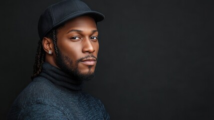 Obraz premium Stylish male model with braids and cap, wearing an earring. Close-up portrait. Space for text.