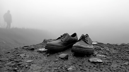 Obraz premium Black Sneakers on Rocky Ground with Foggy Landscape in Background