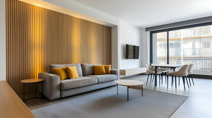 Fototapeta premium Modern Open Plan Living Room Interior Design In Neutral Colors With Gray Sofa Yellow Cushions Wooden Wall And City View From Large Windows