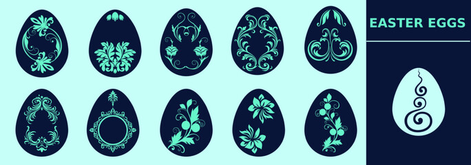The Easter eggs icon set is adorned with ornate details, including swirls, filigree, and motifs inspired by architectural carvings, vines, and florals. Editable elements, size and color.
