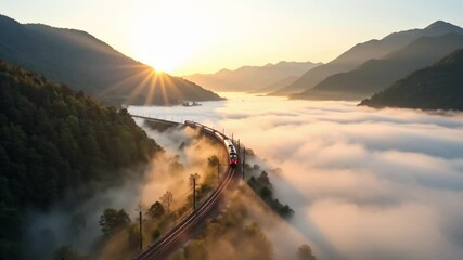 a train gliding through a misty mountainous region during sunrise. The train moves along a curved track elevated above a fog-filled valley, with the sun casting a warm golden glow over the lush green - Powered by Adobe