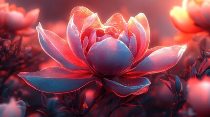 Surreal digital art of a luminous red flower, intricate details, glowing petals, vibrant colors, artistic rendering, botanical beauty.