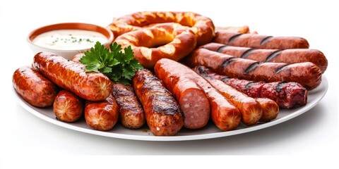 Delicious Assorted Sausages with Pretzel and Dipping Sauce on Plate