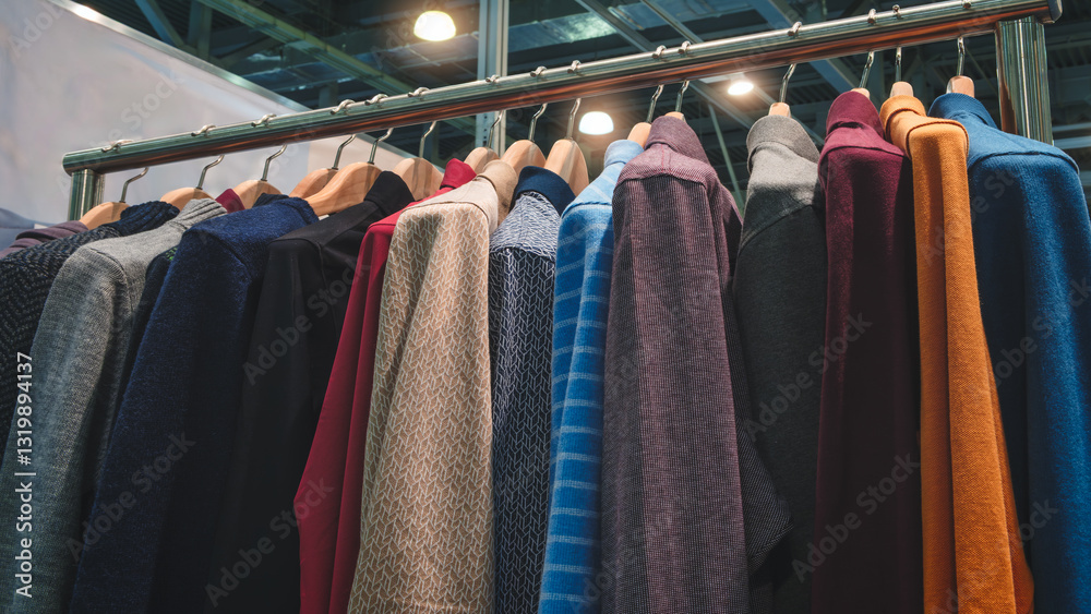 Poster a rack of colorful shirts in a store. the shirts are arranged in a rainbow order, from light to dark