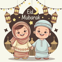 Eid mubarak vector with muslim kids. Happy Eid Mubarak. Muslim Kid Celebrating Eid Mubarak. religious holiday is celebrated by Muslims, Islamic holidays Greeting card. Eid Mubarak Urdu Calligraphy.