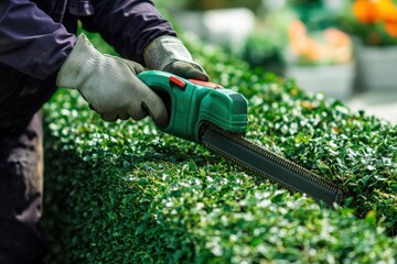 Gardener using electric trimmer to shape hedge in a sunny outdoor location