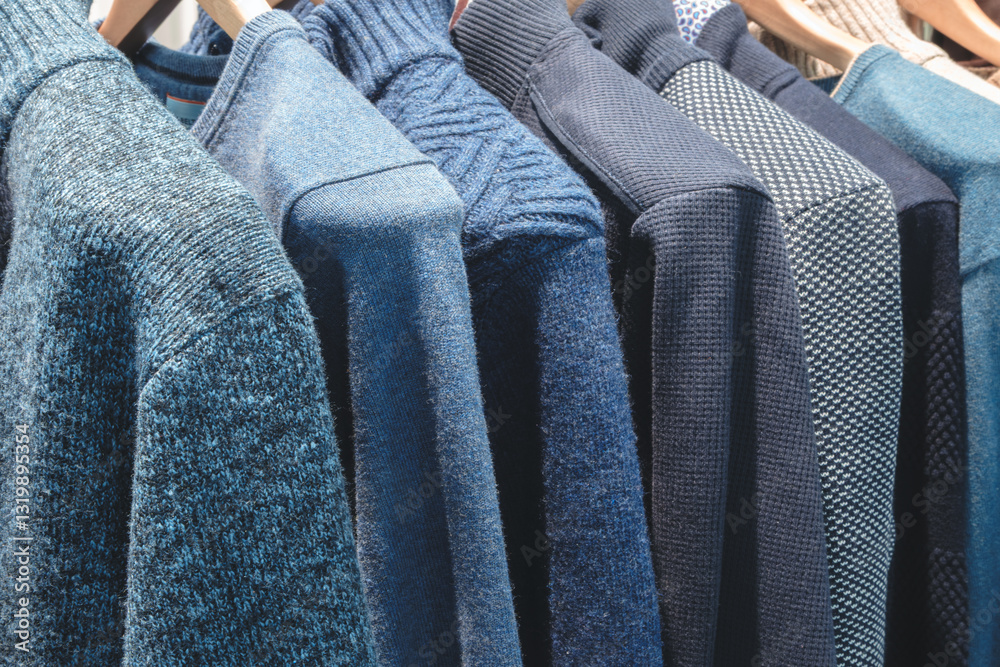 Leinwandbilder a rack of sweaters with a tag on the red one. the sweaters are of different colors and styles