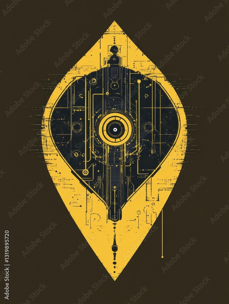 Poster cybersecurity shield design featuring robotic eye and cybernetic patterns with space for text in the