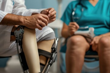Medical professional demonstrates the functionality of a prosthetic leg to a patient in a clinical environment with a focus on education