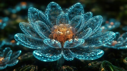 Futuristic glowing bioluminescent flower, intricate digital art, teal and orange hues, abstract floral design.