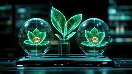 Futuristic bioluminescent flowers and plant in glass containers on a sleek, dark tech surface.  Abstract concept of biotechnology and nature.