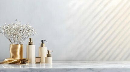 Fototapeta premium Elegant White and Gold Cosmetic Bottles Displayed on Marble Table with Delicate White Flowers and Soft Sunlight on Textured Wall in Background