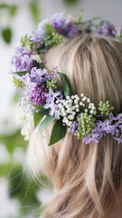 Naklejka premium A girl blonde hair wearing a flower headband with purple flowers