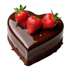 Heart-shaped chocolate cake topped with fresh strawberries, covered in rich chocolate glaze, isolated