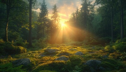 Fototapeta premium Sunbeams pierce a mossy forest floor, illuminating rocks and lush greenery. Perfect for illustrating tranquility, nature, or magical forest themes.