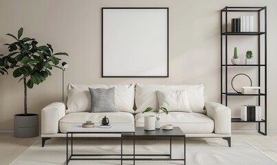 Minimalist living room with a white sofa. coffee table. and a black framed picture