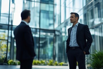Business professionals engage in discussion inside modern glass office building