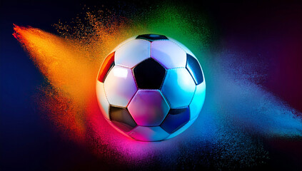 Fototapeta premium ballon de foot au milieu d'une explosion de poudre colorée isolé sur fond noir