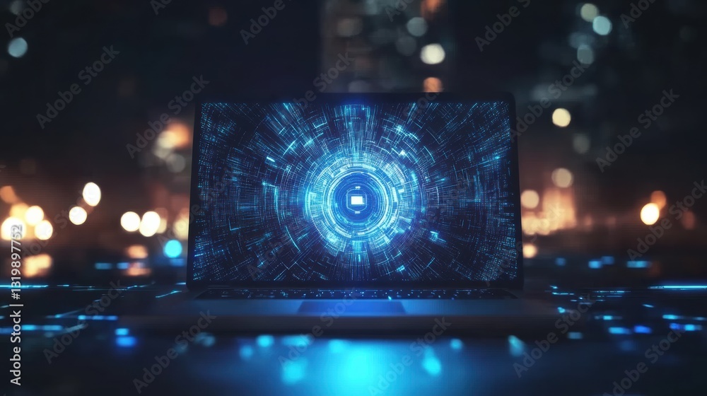 Leinwandbilder abstract laptop displaying a blue futuristic security screen representing cyber security and insuran