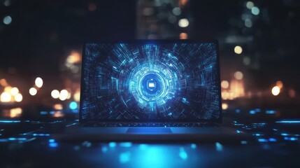 Abstract laptop displaying a blue futuristic security screen representing cyber security and insurance concepts in a digital environment
