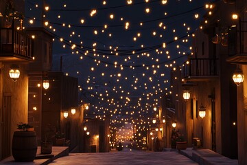 A charming street illuminated by warm lights, creating a cozy nighttime atmosphere.