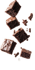 Five Chocolate Brownies With Cream Cheese Frosting Crumble And Float Against A Transparent Background, PNG
