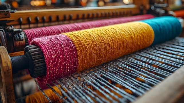 Close up of Colorful Yarn Spools on a Weaving Loom Machine with Intricate Mechanisms in a Textile Factory with Wooden and Metal Accents