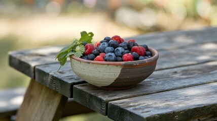 Bowl with Fresh Berries on a Wooden Table