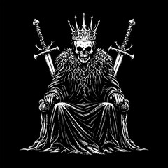 Fototapeta premium A black and white line art illustration of a skull king sitting on a throne, with two crossed swords behind him. A dark and eerie artwork, perfect for metal band merchandise, gothic designs, and horro