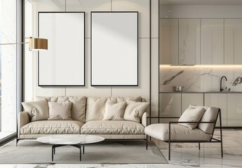 Modern living room interior with a beige sofa. two empty frames. and a marble kitchen in the background