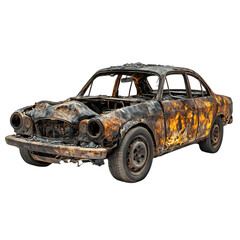Burned Car Wreck with Flames Isolated on Transparent Background