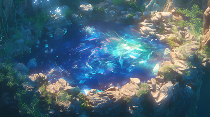 Fototapeta premium A serene, illuminated water pool surrounded by vibrant rocks and lush greenery in a mystical setting