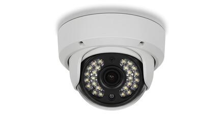 A white dome security camera with LED lights on a white background.