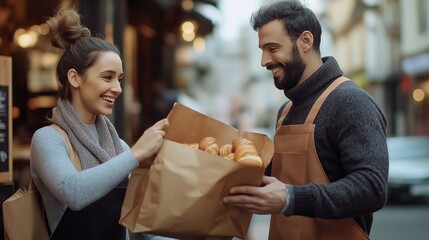 In a vibrant bakery, a cheerful woman and a smiling man share a warm moment while exchanging a bag of freshly baked croissants, basking in the lively atmosphere of the street