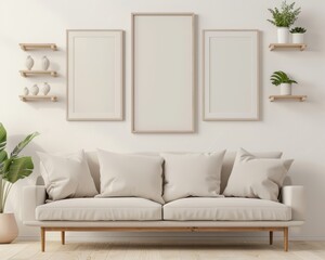 Minimalist living room interior with a beige sofa and three empty frames on the wall
