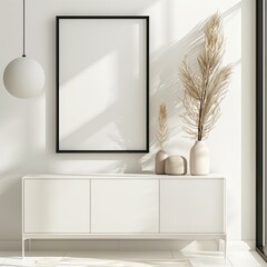 Minimalist interior design with a black frame mockup on a white wall above a white console table with three beige vases and a pampas grass plant